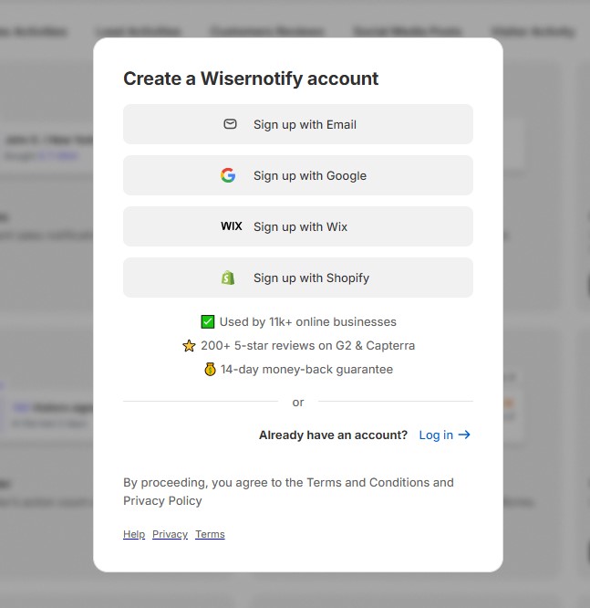 wisernotify singup