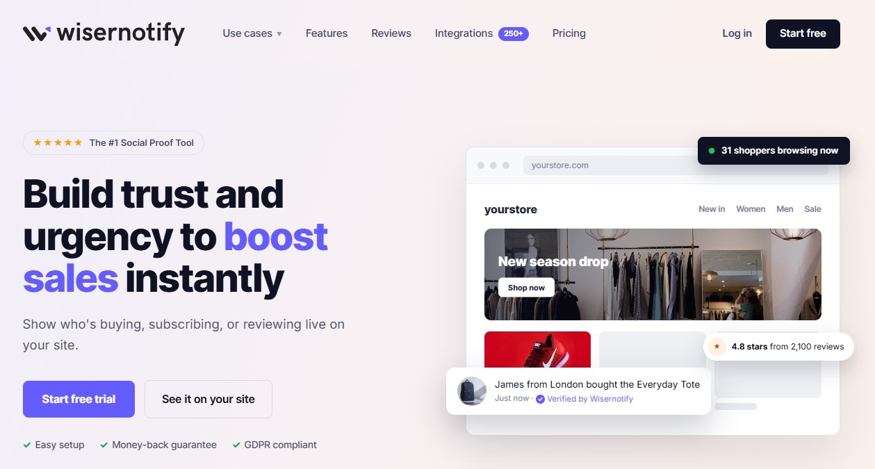 WiserNotify home page with free signup, no credit card required