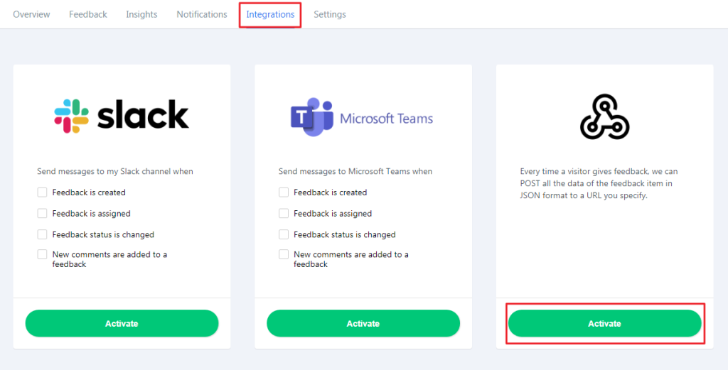 activate webhook in userback