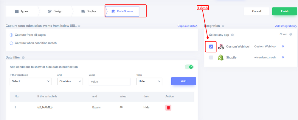 select custom webhook as data source