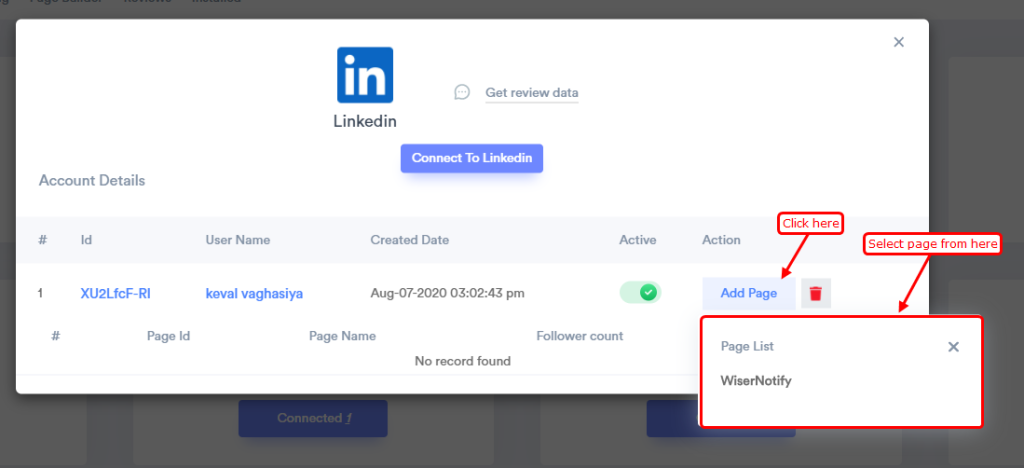 select linkedin page from list