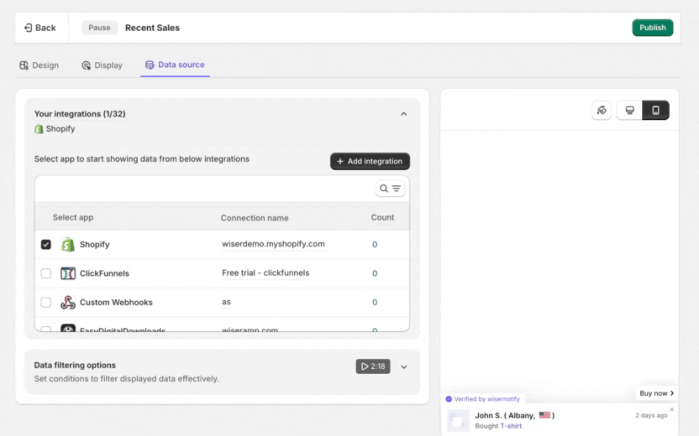 Recent sales and signup notifications