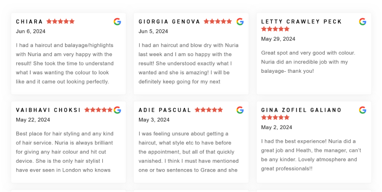 Hairdresser hair salon positive review example