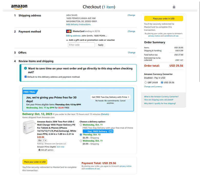 Amazon checkout page design example