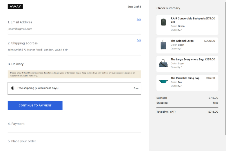 Away luggage checkout page design