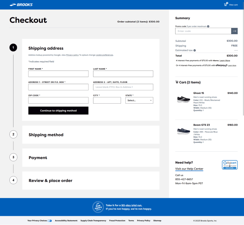 Brooks running shoes checkout page design