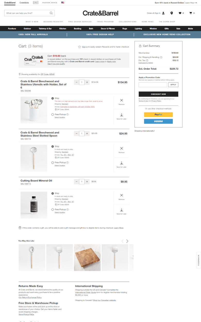 Crate and Barrel home goods checkout page design