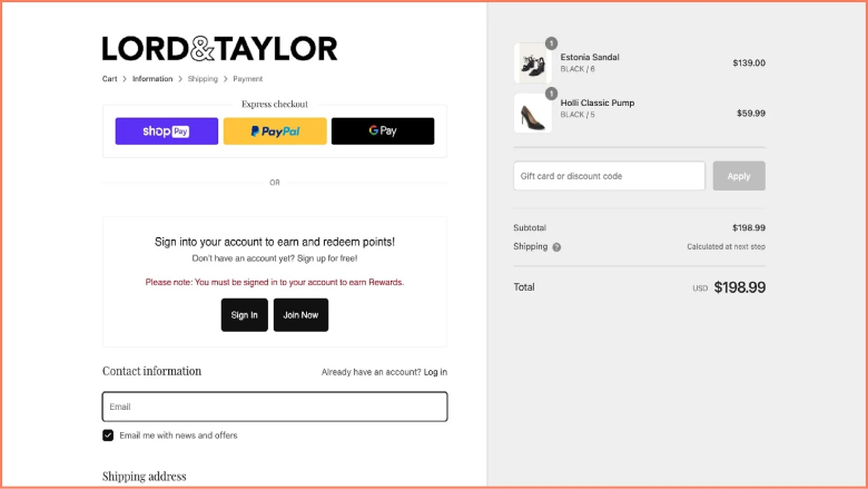 Lord and Taylor department store checkout page design
