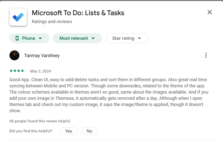 Mobile app positive review example Google Play Store