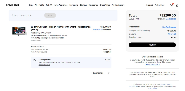 Samsung checkout page design example