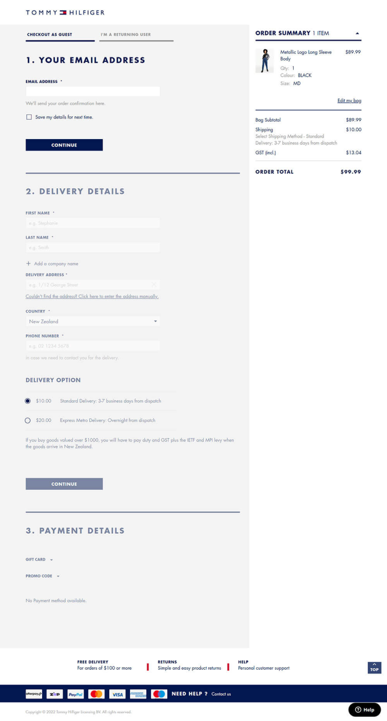 Tommy Hilfiger fashion brand checkout page design