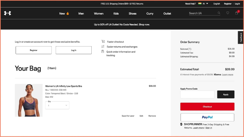 Under Armour sports apparel checkout page design