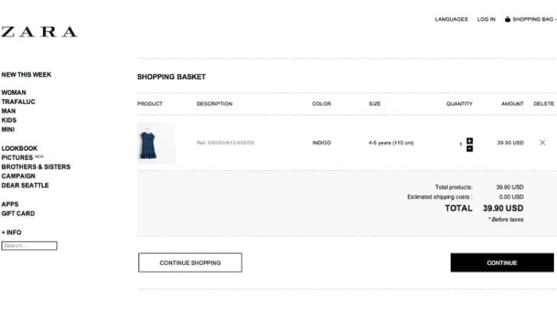 Zara fashion checkout page design