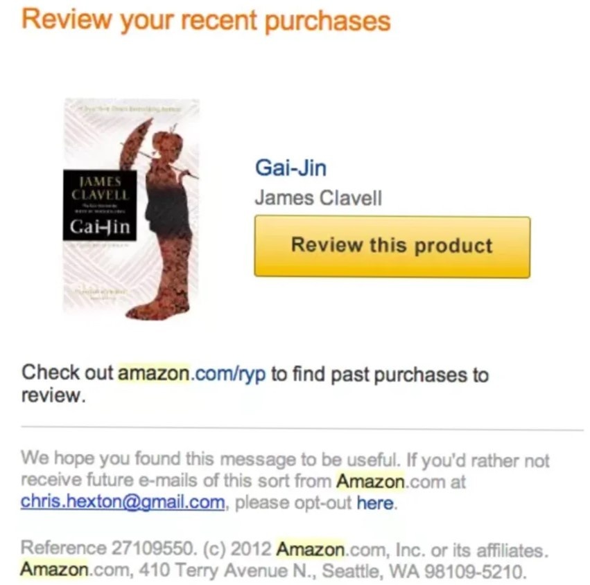 Amazon email asking a customer to review a recent purchase