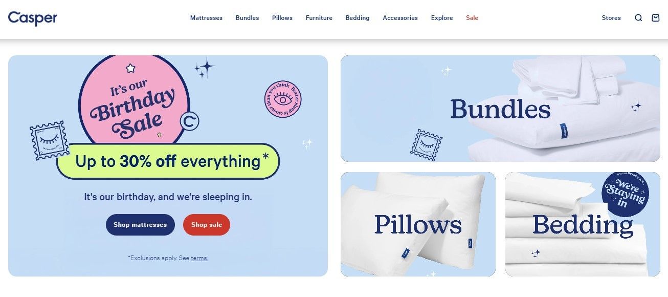 Casper website showing bundles and a seasonal sale
