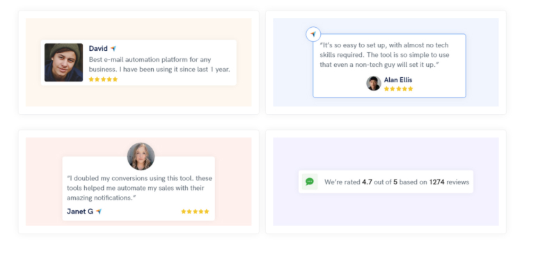 Review popup showing a customer star rating and comment