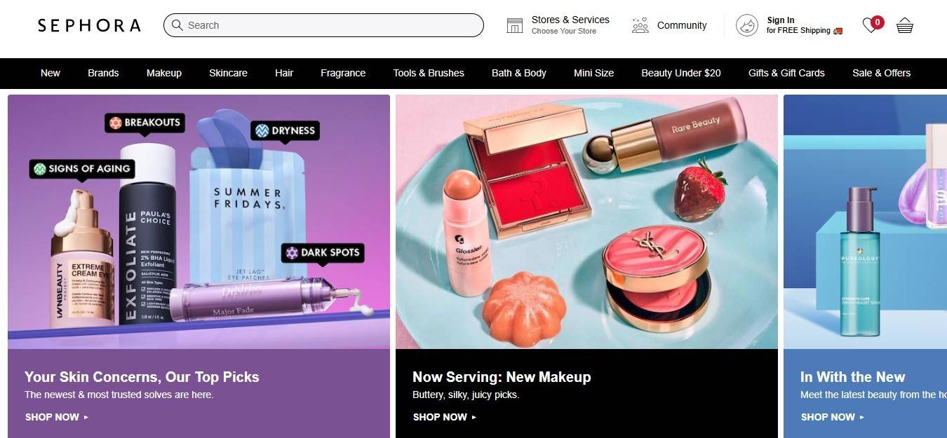 Sephora homepage featuring product collections