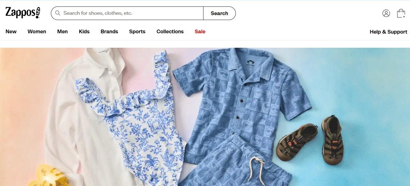 Zappos homepage showing its product range