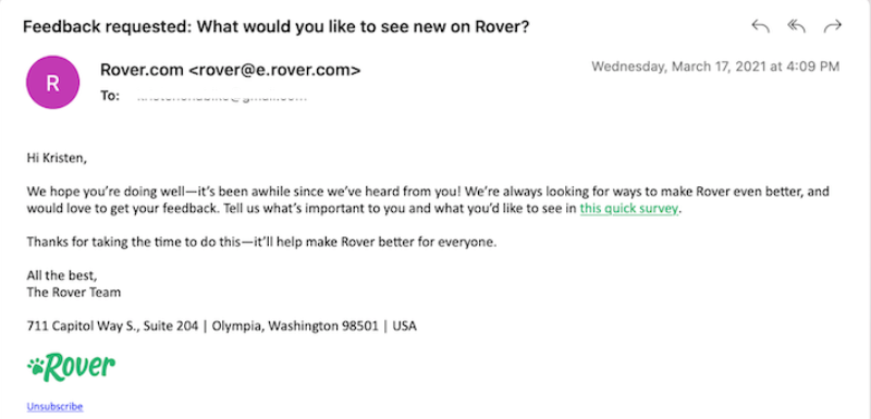 Personalized review request email example