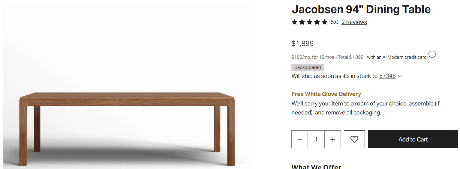 Dining table product page showing free white glove delivery