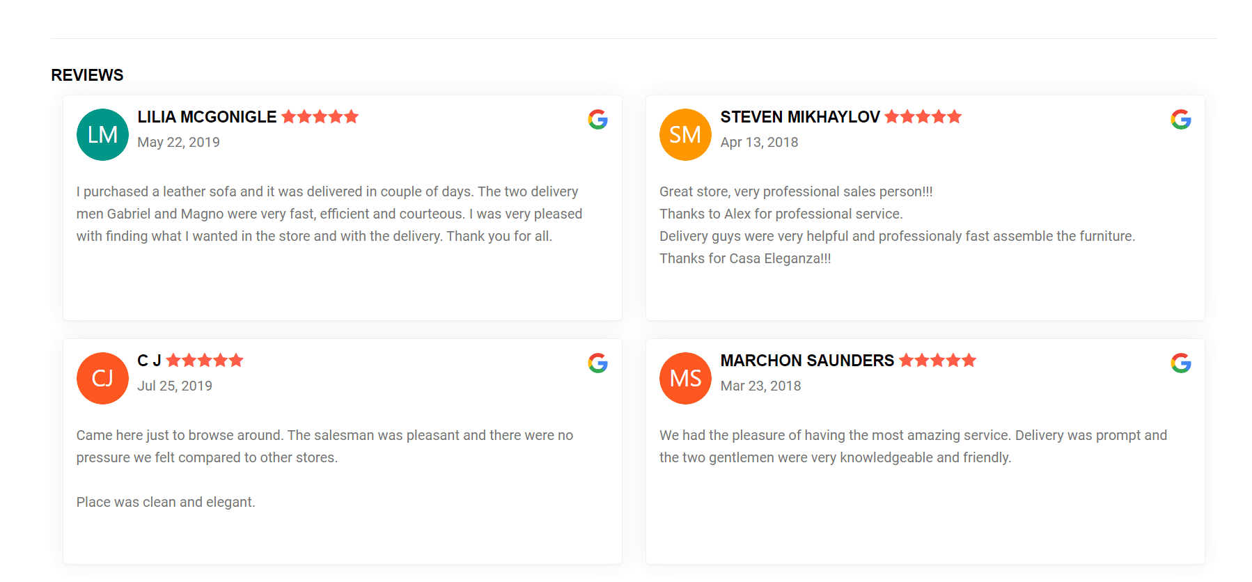 Google reviews for a furniture store mentioning delivery
