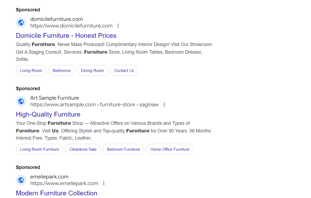 Paid search results for furniture retailers