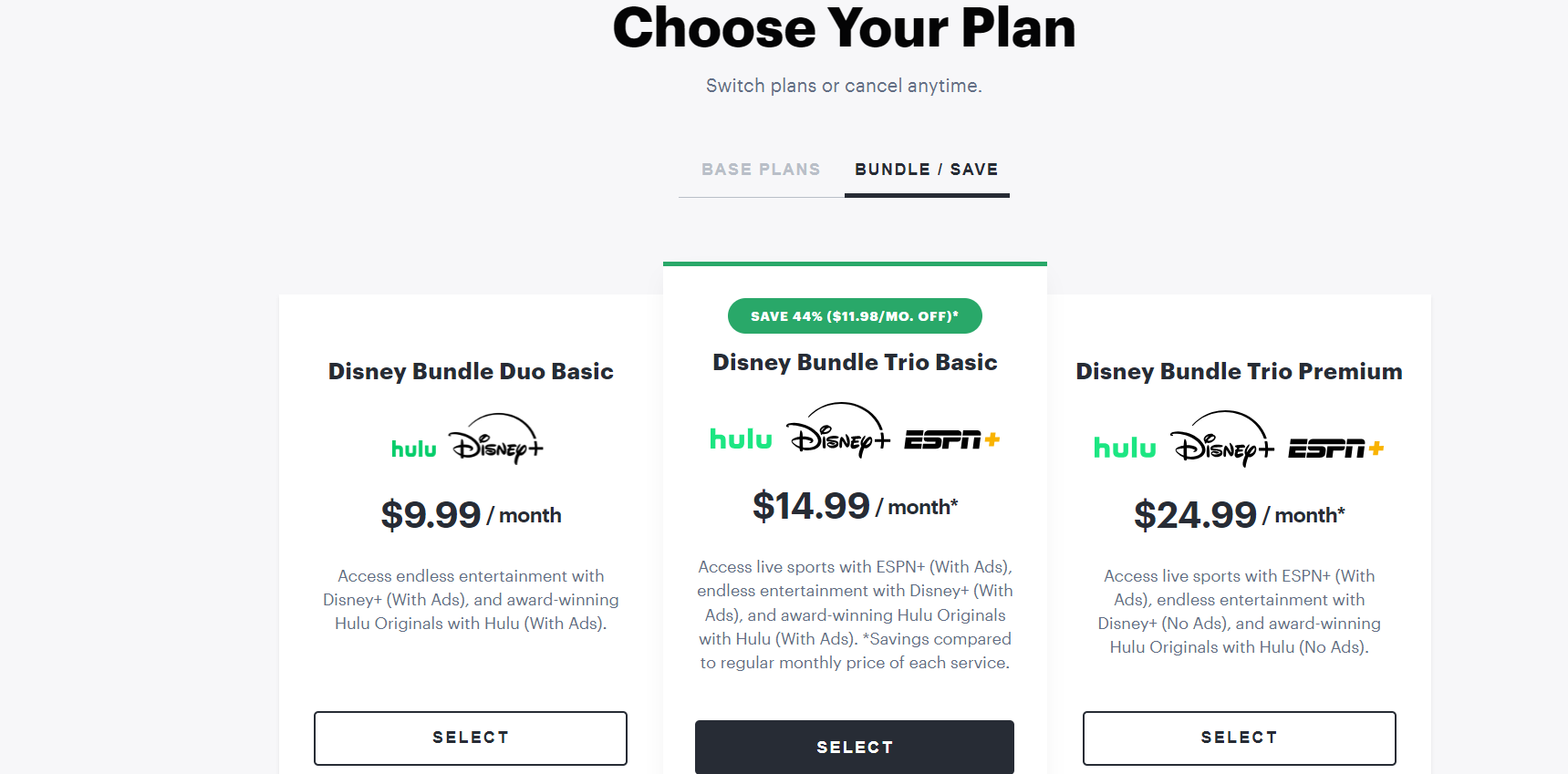 Subscription bundle tiers priced side by side
