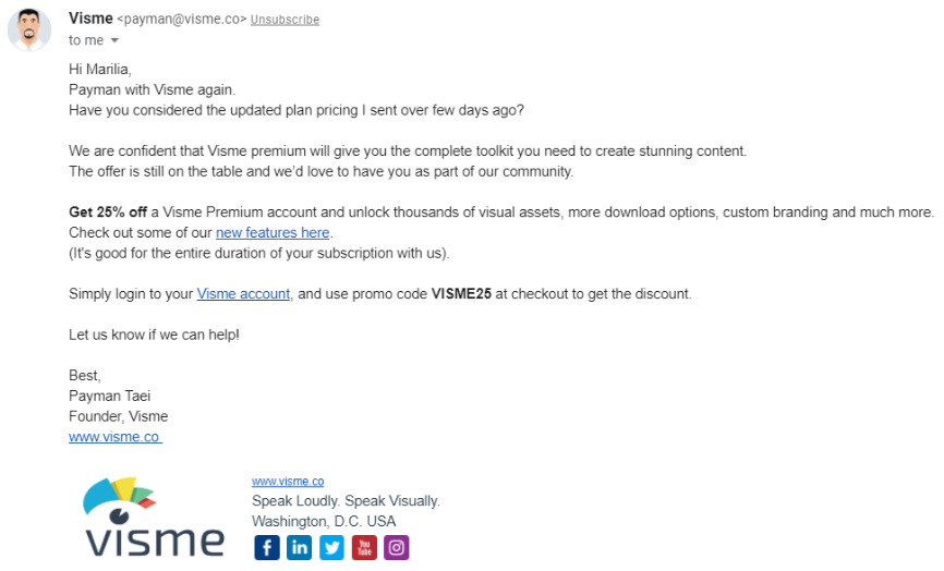 Personalised email offering a discount to a lapsed user