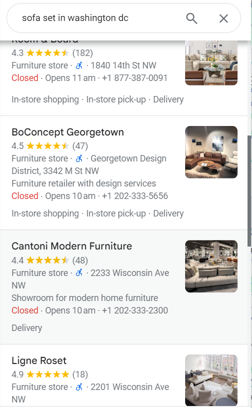 Google local results for furniture stores in a city