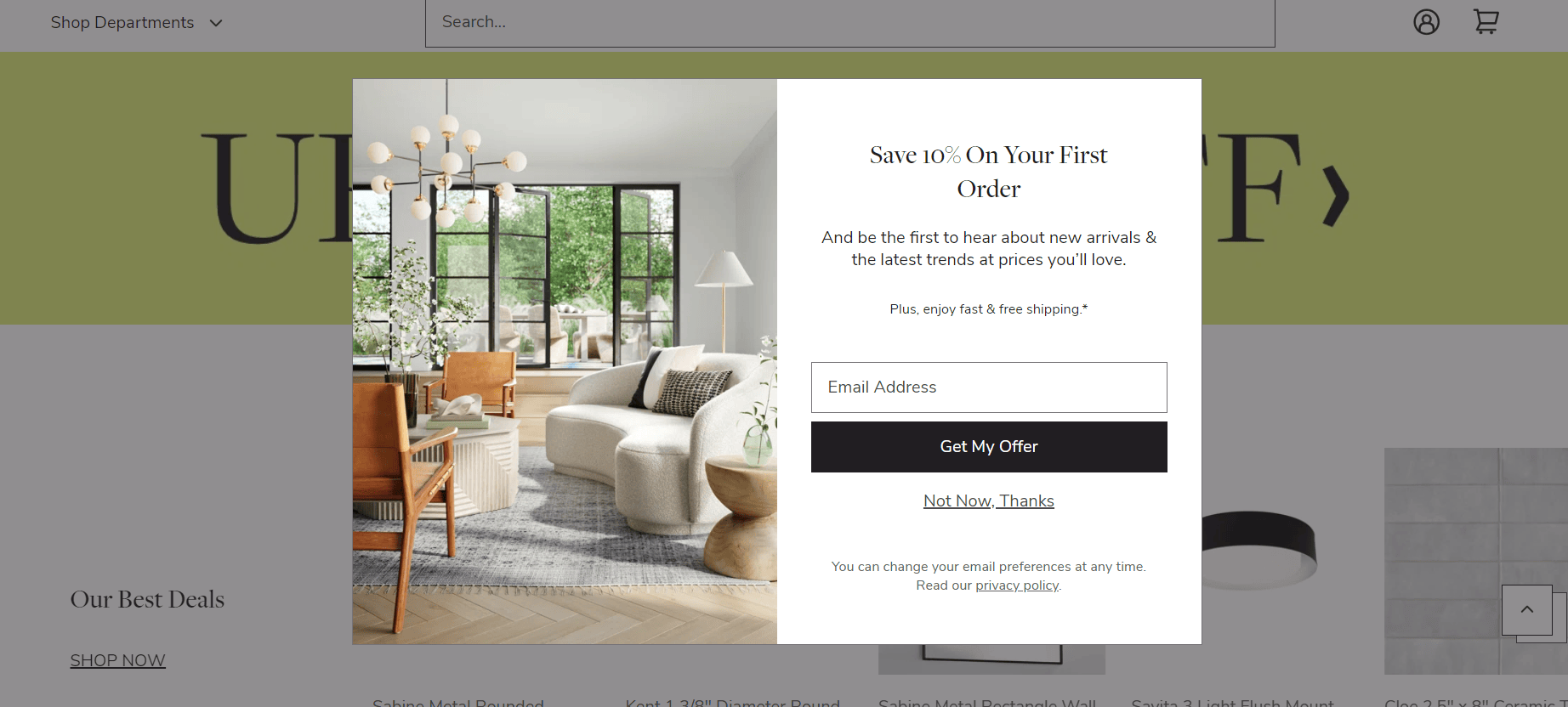 Email signup offer on a furniture website