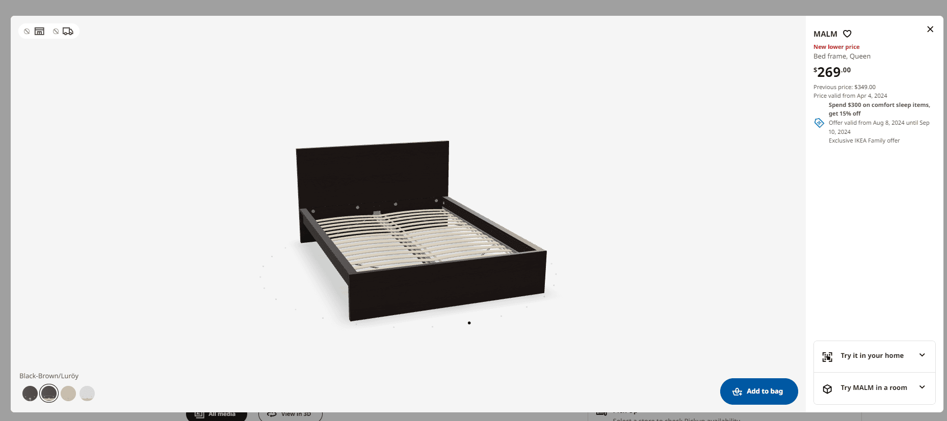 Furniture product page with a view-in-your-room option