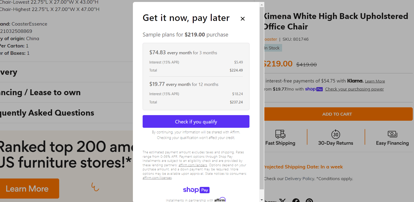 Furniture product page showing pay-later instalment options