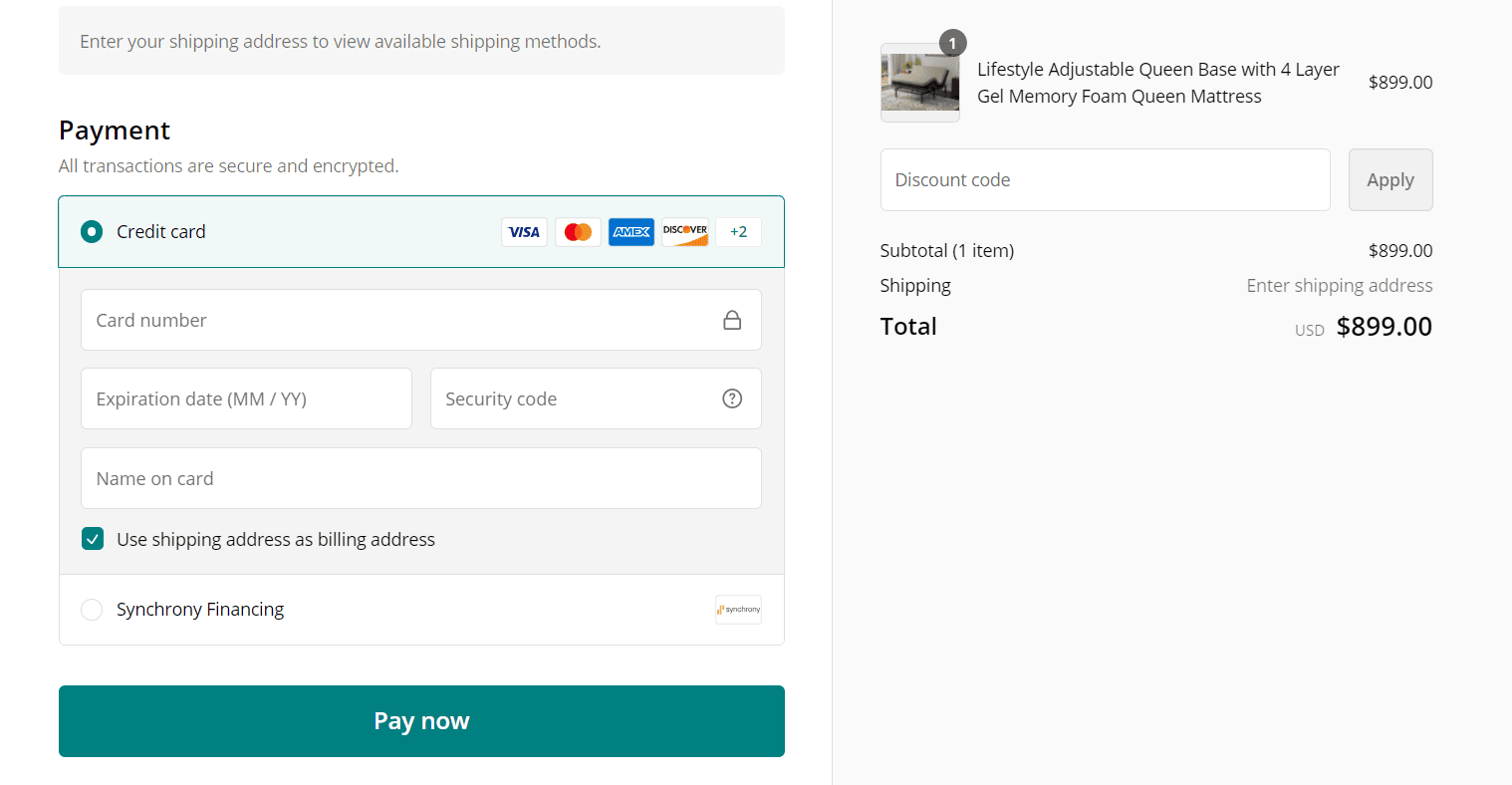 Furniture checkout showing payment and financing options