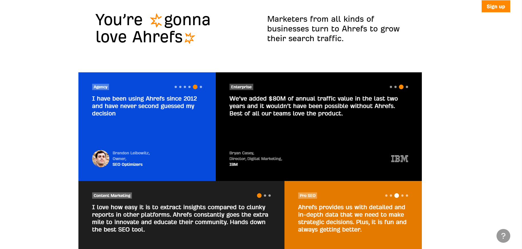 Ahrefs customer quote testimonial examples