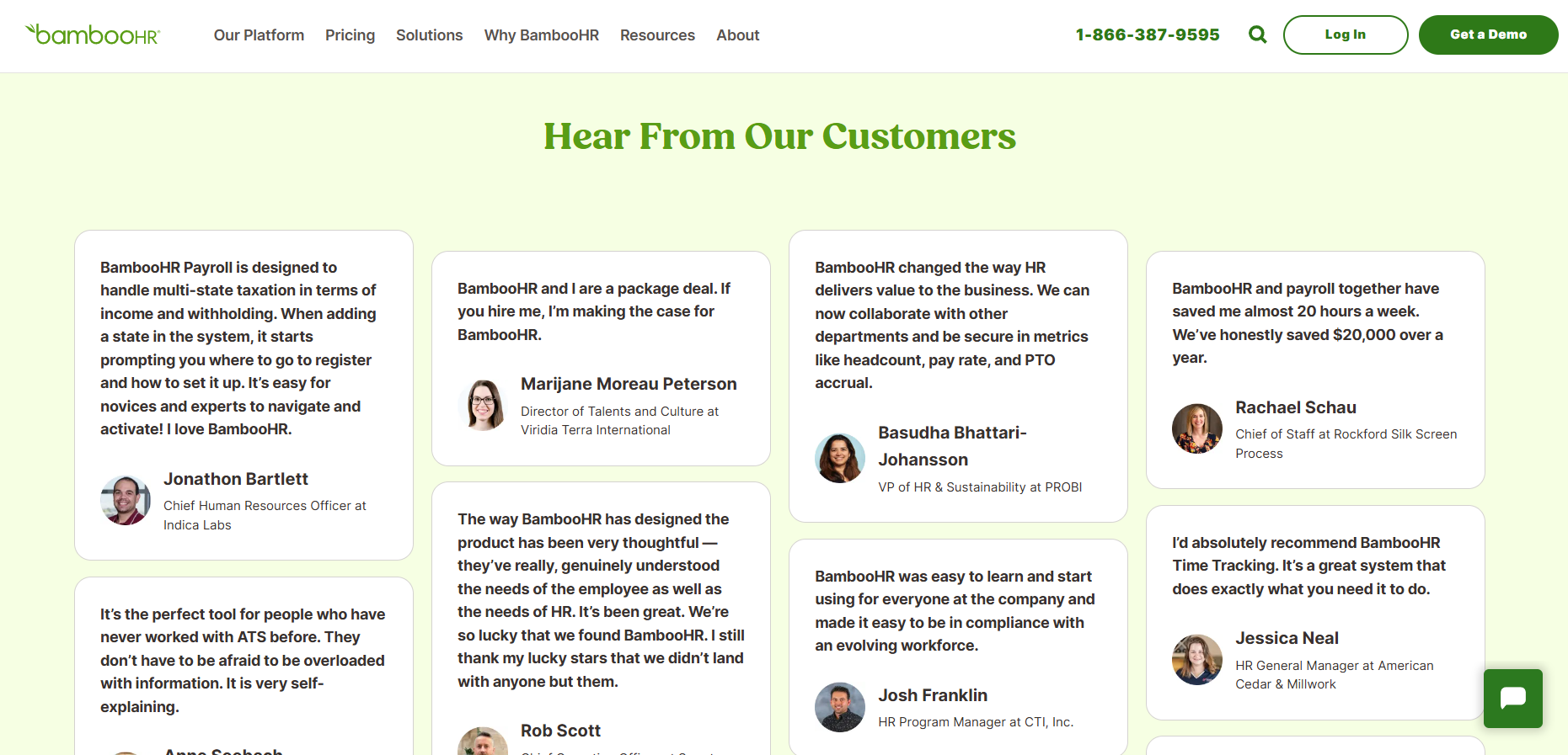 BambooHR customer testimonial page example