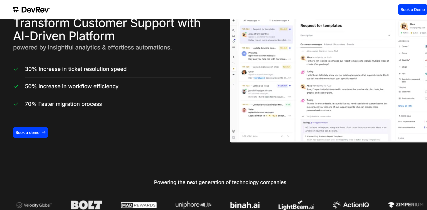 DevRev data-driven testimonial page example