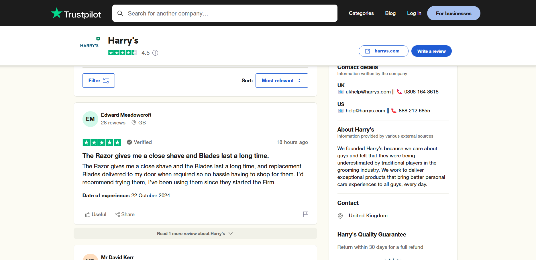 Harry's peer review site testimonial example