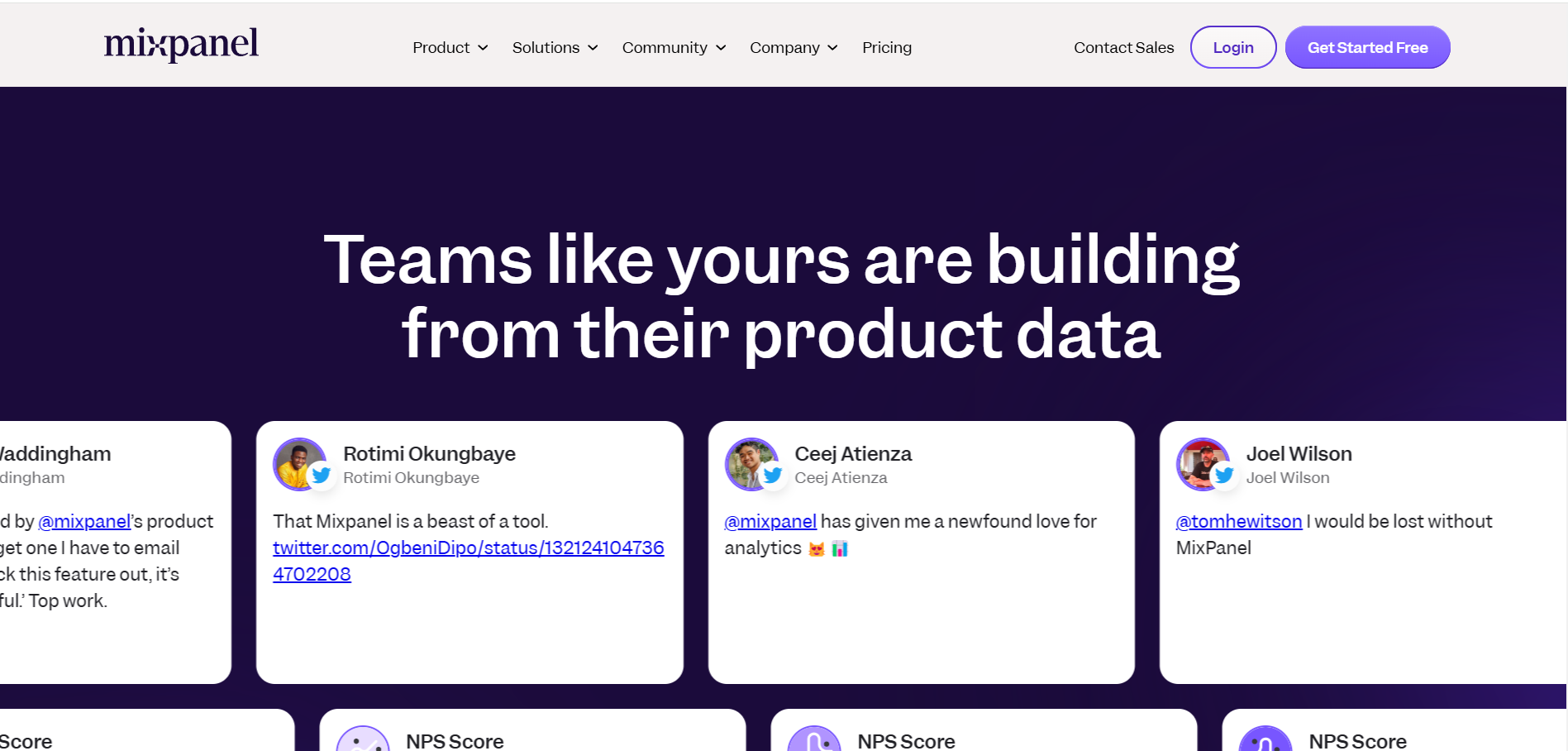 Mixpanel testimonial page example