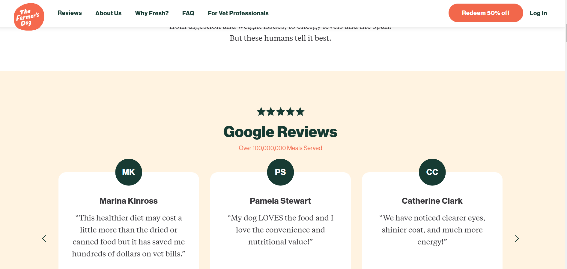 The Farmer's Dog testimonial page example
