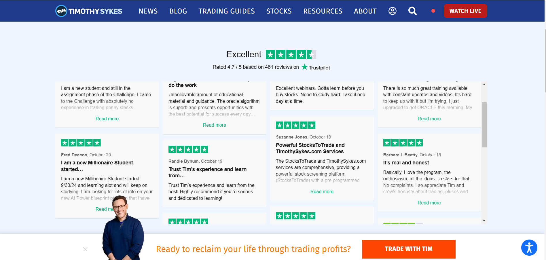 Timothy Sykes Trustpilot testimonial example
