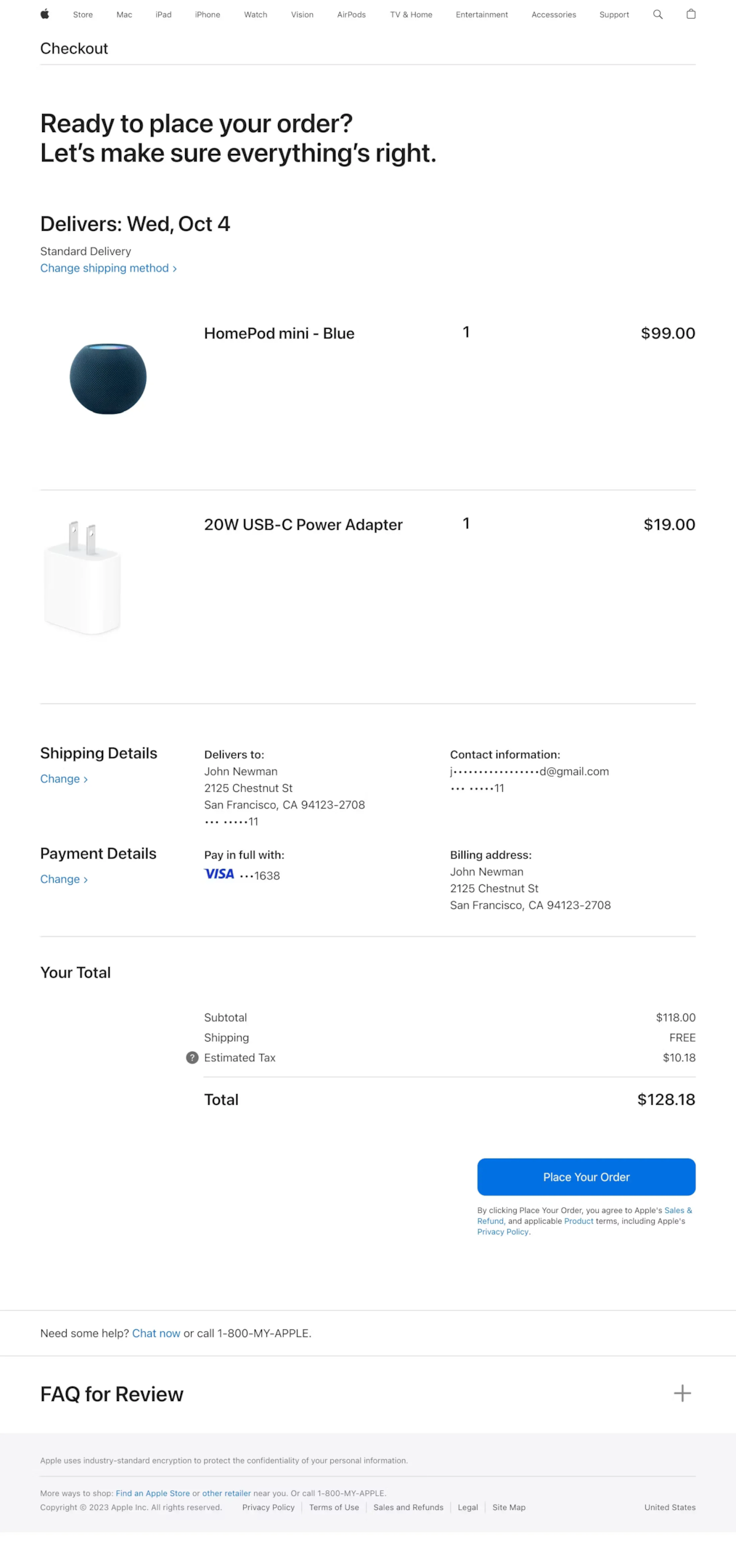 Apple order review page