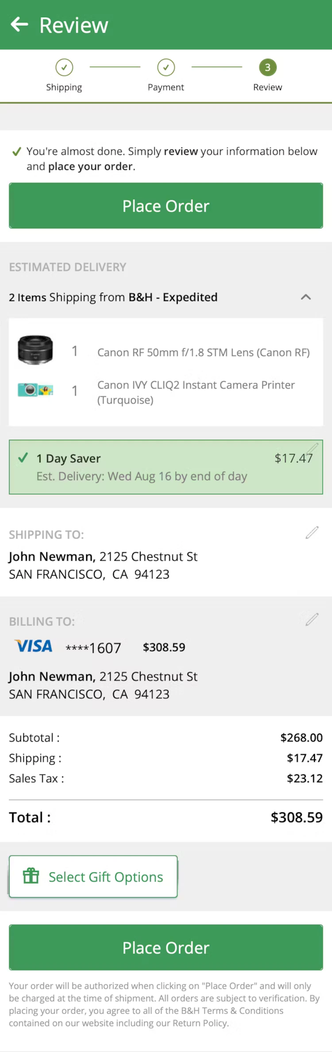 B&H Photo order review page