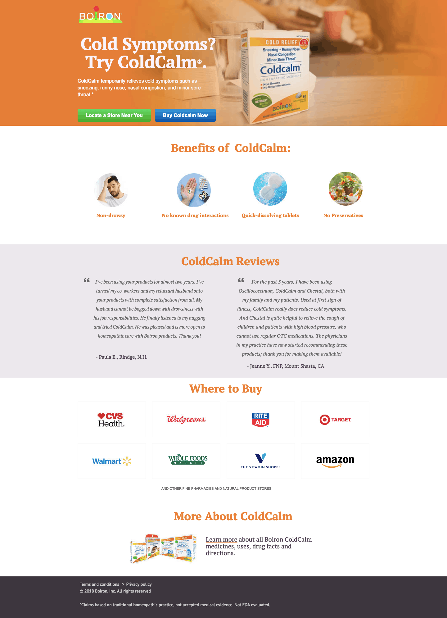 Boiron ColdCalm landing page