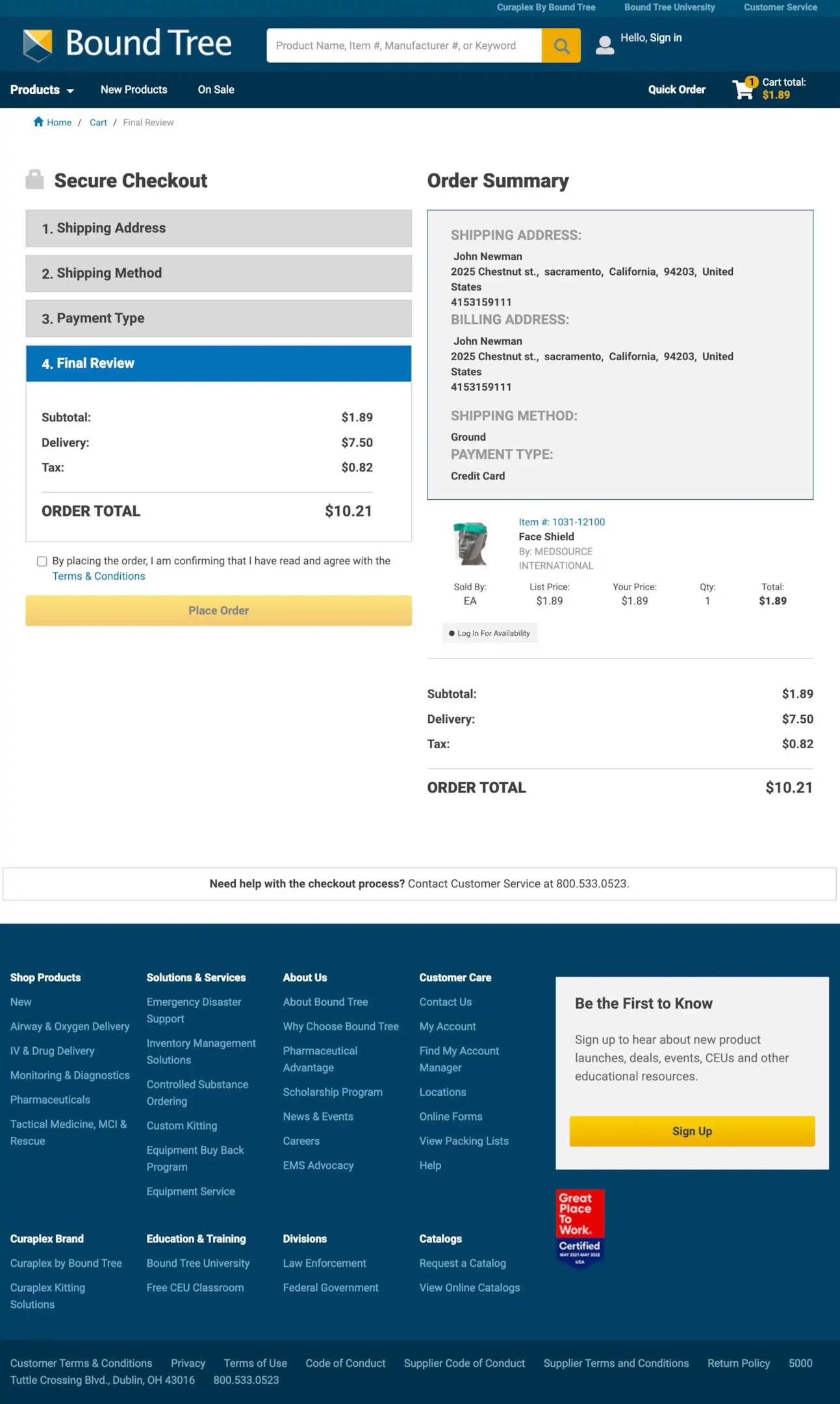 Bound Tree Medical order review page