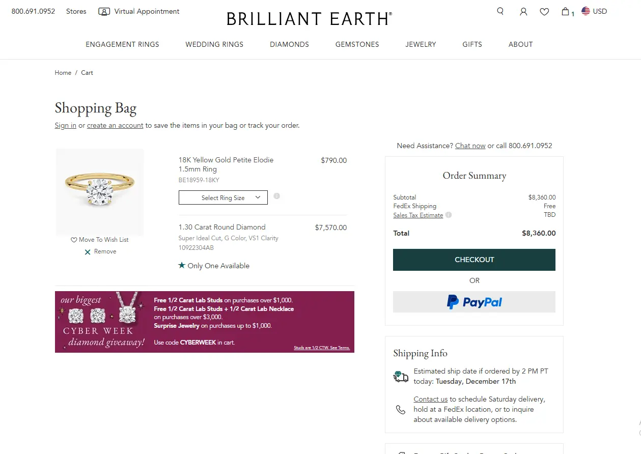 Brilliant Earth shopping cart page design