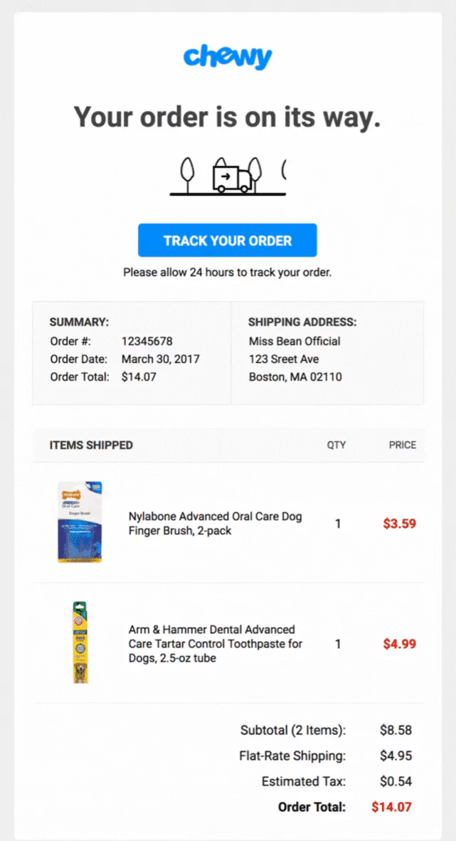 Chewy order confirmation page with a Track Your Order button