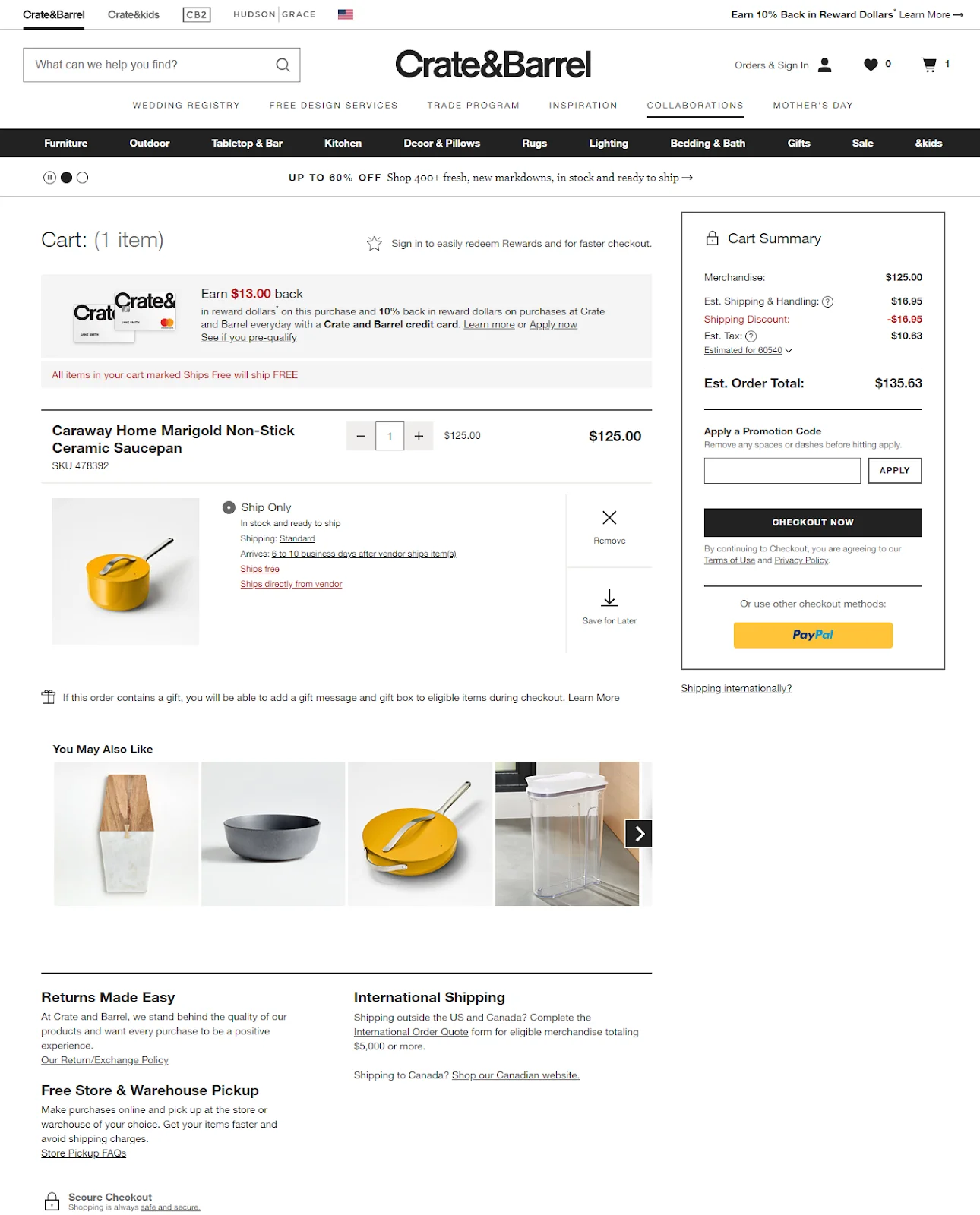 Crate and Barrel shopping cart page design