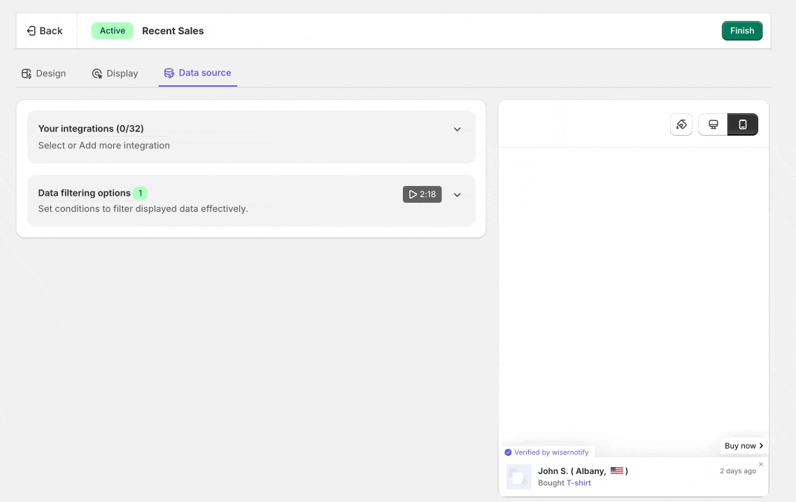 Selecting the data source for a WiserNotify notification