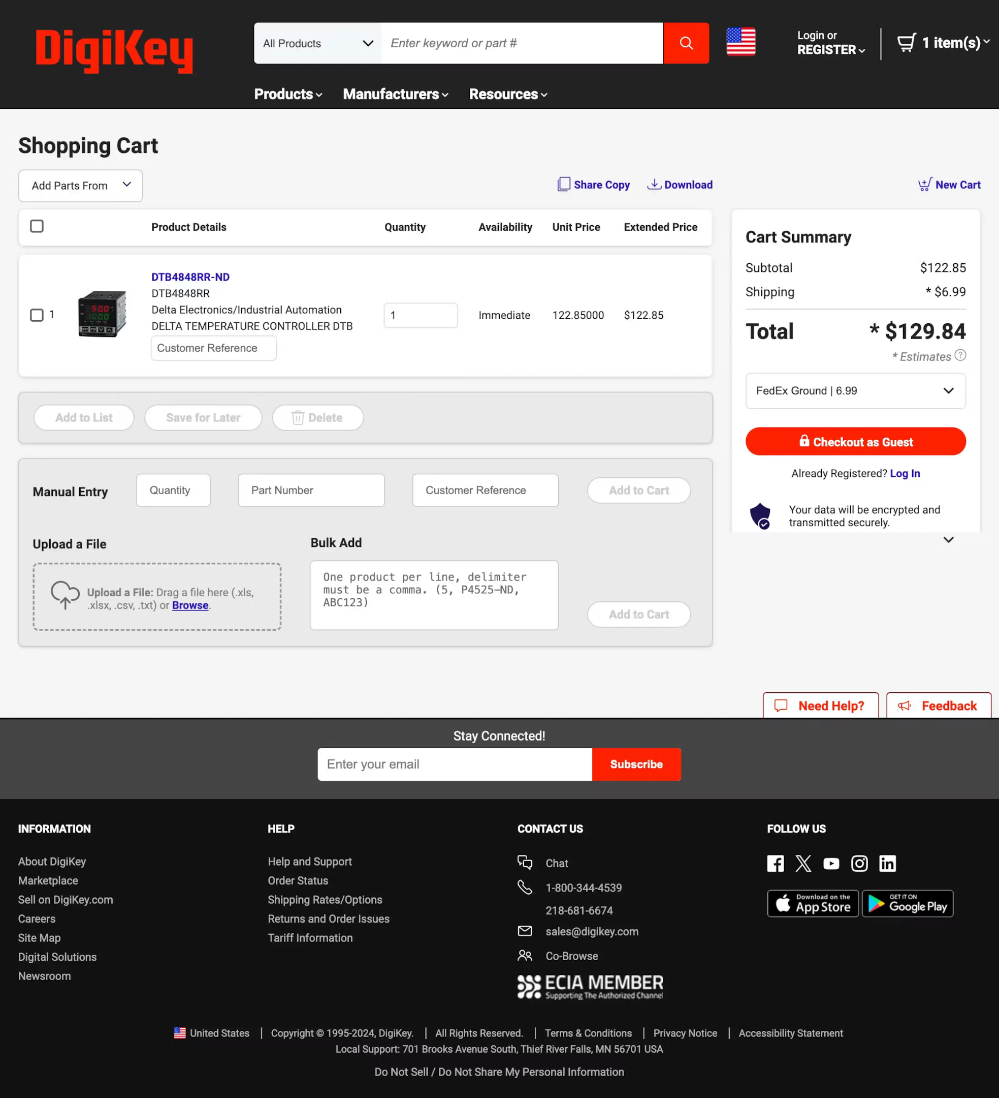 DigiKey electronics shopping cart page design