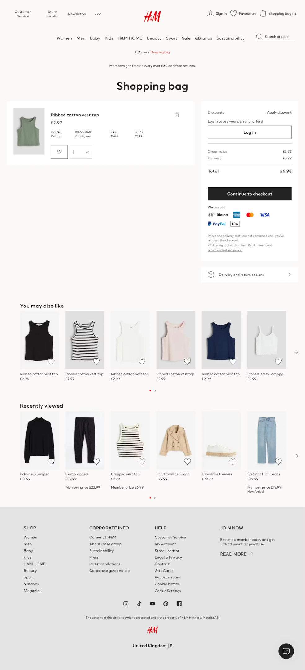 H&M shopping cart page design